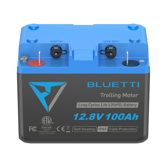 Blue and black BLUETTI trolling motor battery on a white background