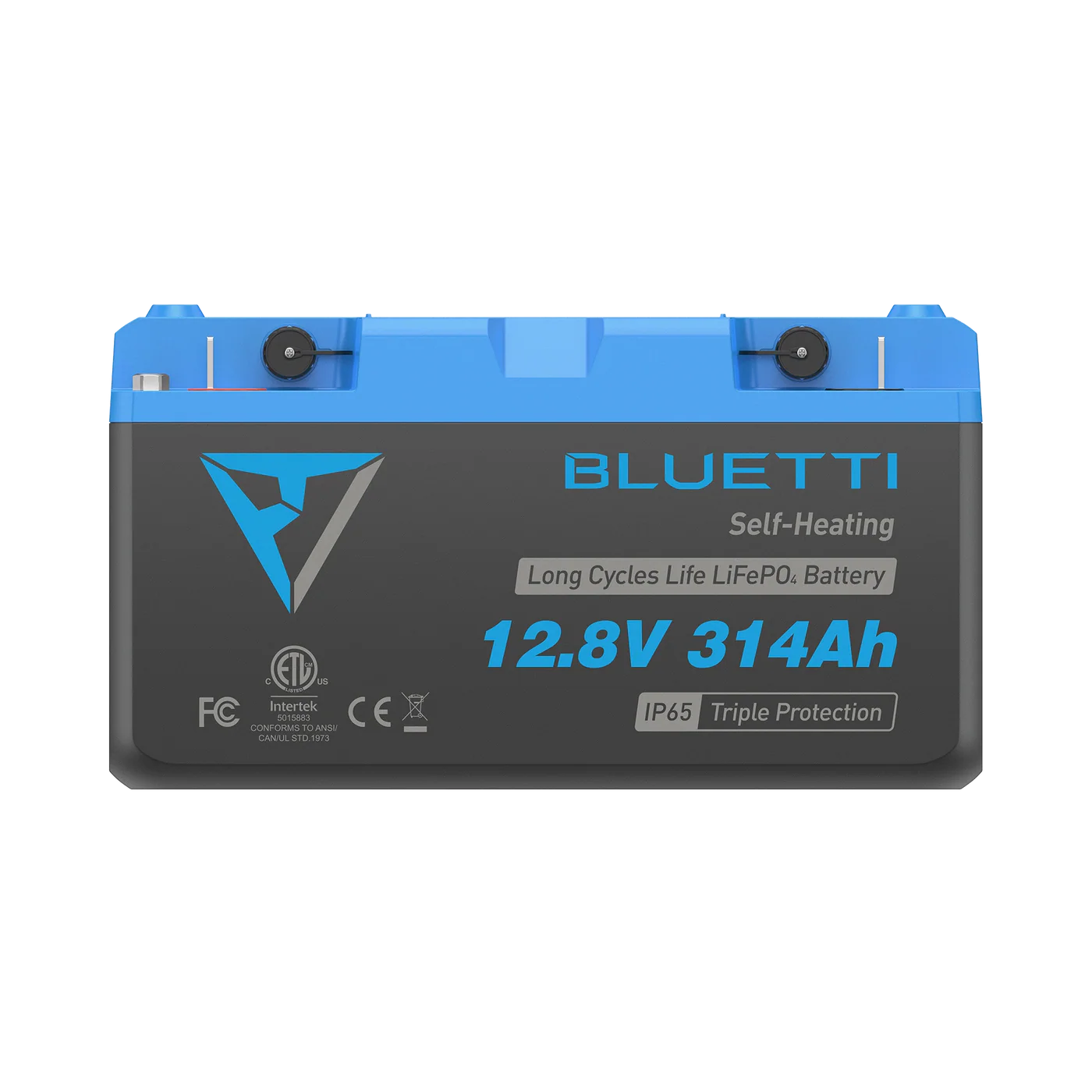 Bluetti battery pack with blue top and black bottom on a white background