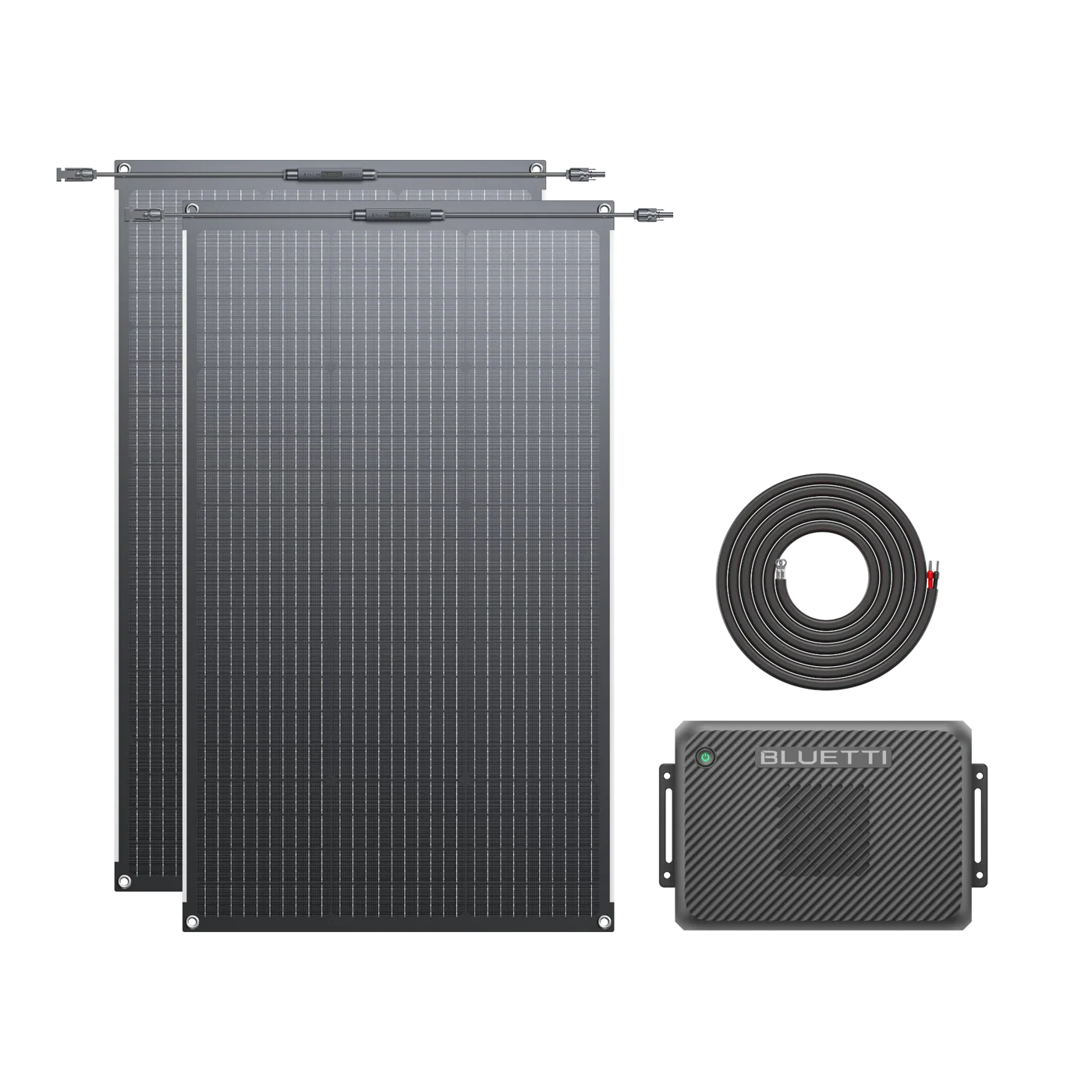 Solar panel, cable, and BLUETTI controller on a white background