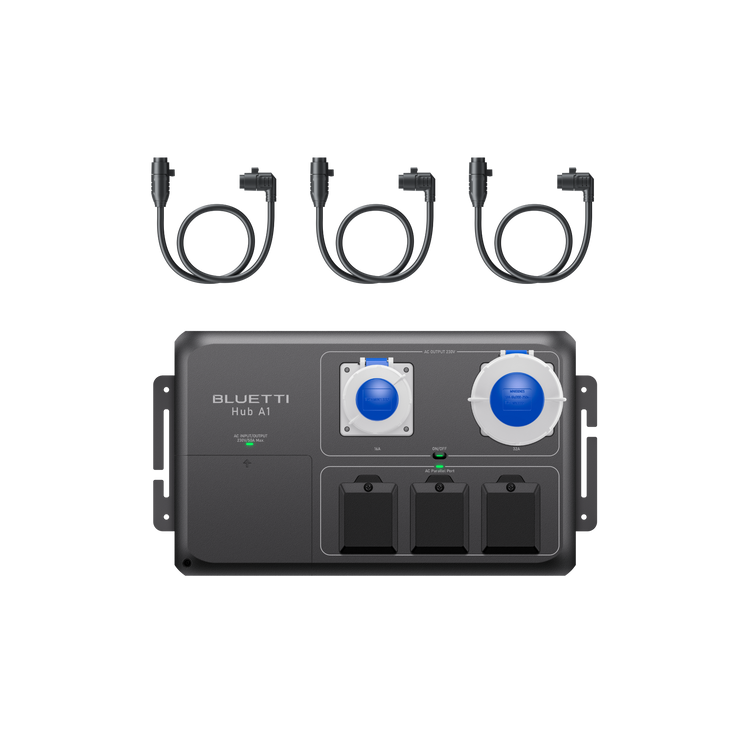 Bluetti power station with three cables on a white background