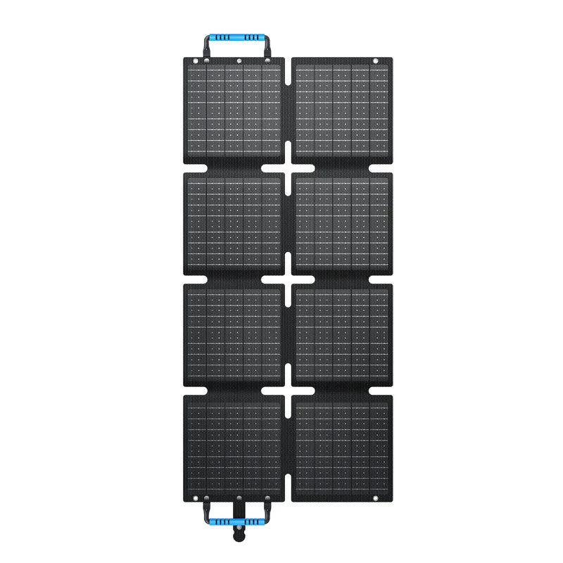 Foldable solar panel with multiple panels stacked on top of each other on a white background
