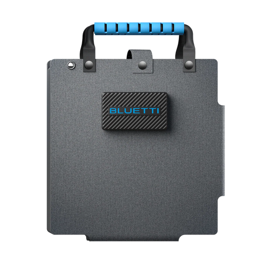 Gray battery pack with blue handle and Bluetti logo on a white background