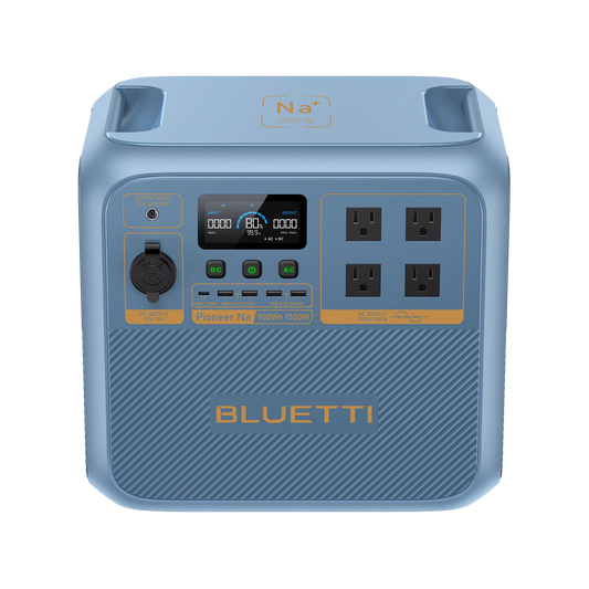 Blue power station with digital display and multiple outlets on a white background