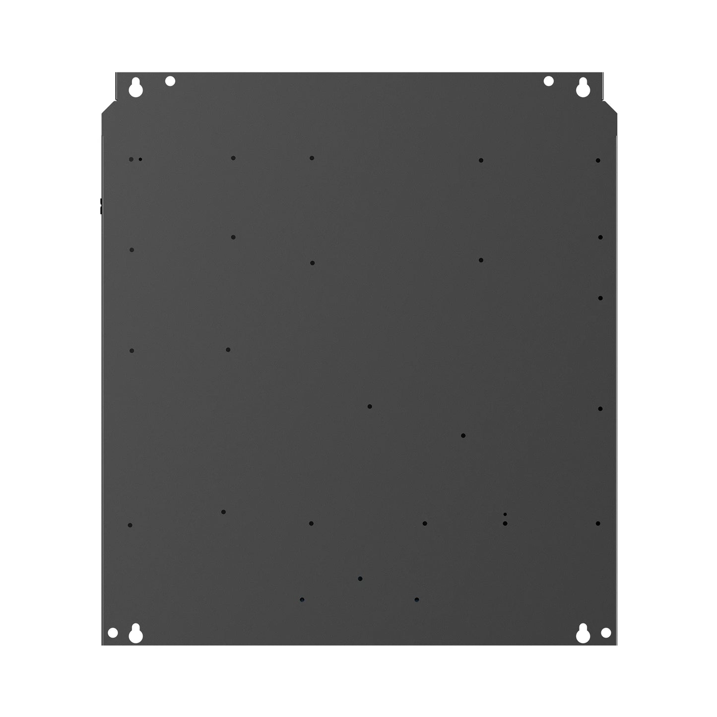 Black metal bracket with mounting holes on a white background