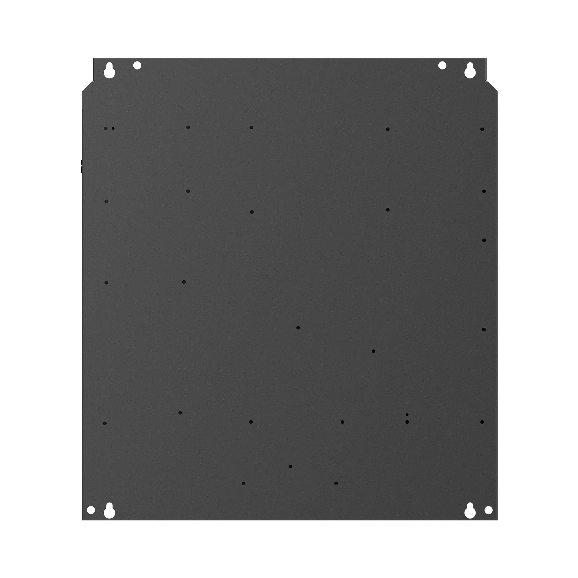 Black metal bracket with mounting holes on a white background