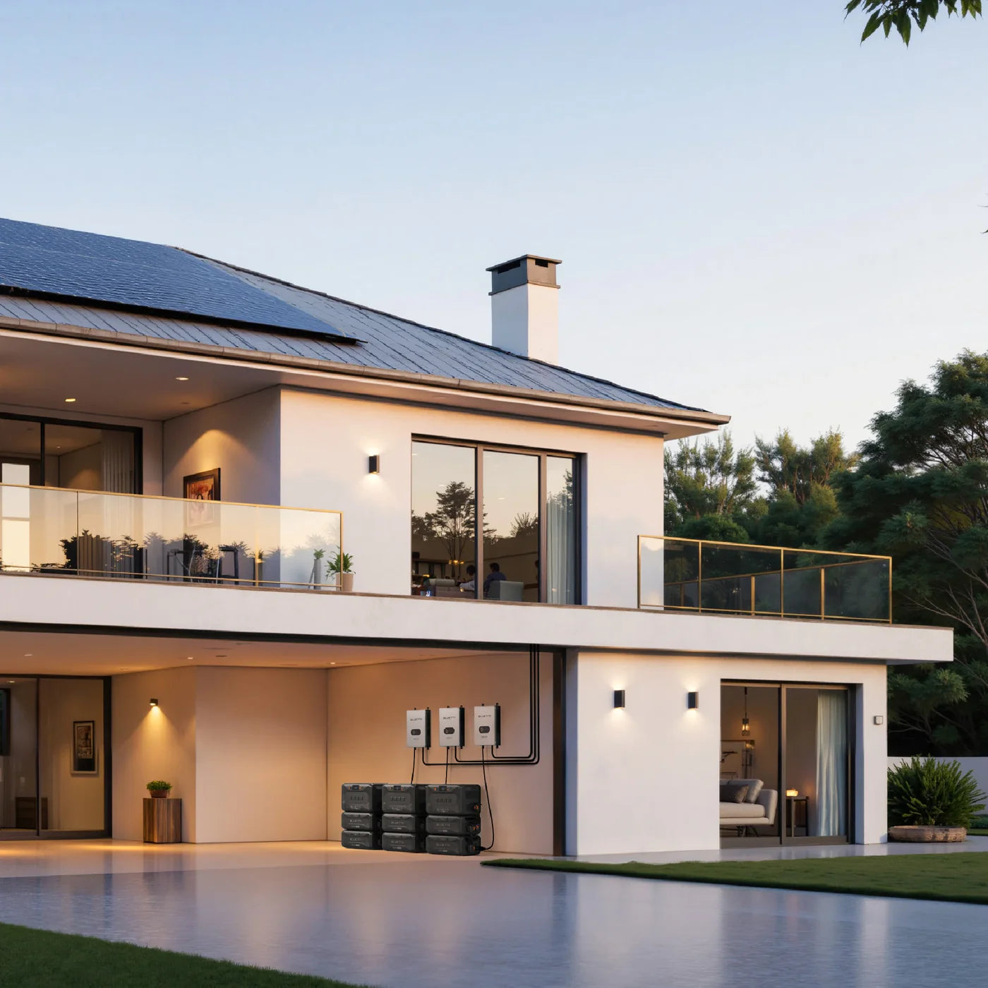 Modern house with a pool and garden at dusk