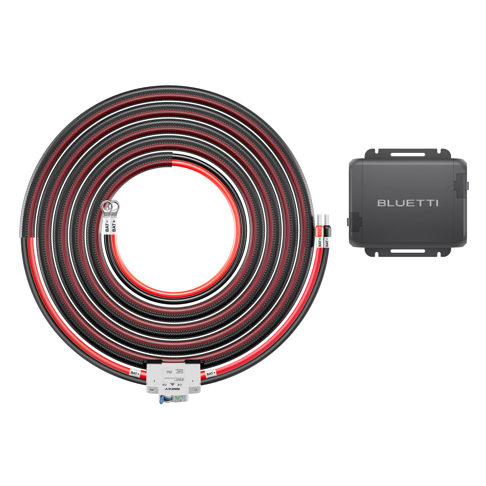 Coiled cable with BLUETTI device on a white background