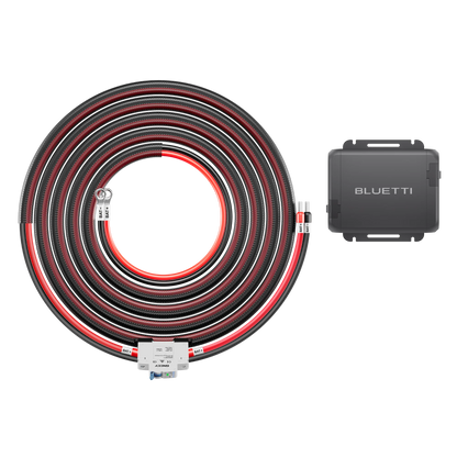 Coiled cable with BLUETTI device on a white background