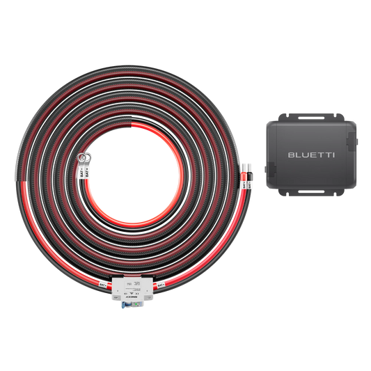 Coiled cable with BLUETTI device on a white background