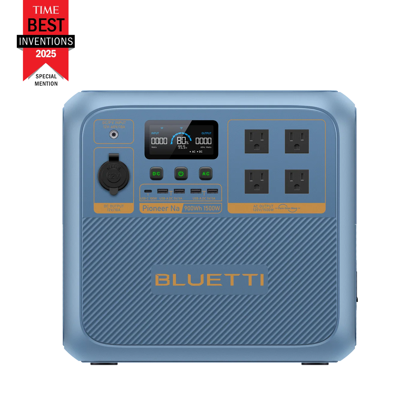 Blue BLUETTI power station with digital display and multiple outlets on a white background, featuring TIME Best Inventions 2025 Special Mention badge.