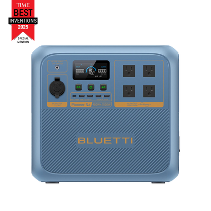 Blue BLUETTI power station with digital display and multiple outlets on a white background, featuring TIME Best Inventions 2025 Special Mention badge.