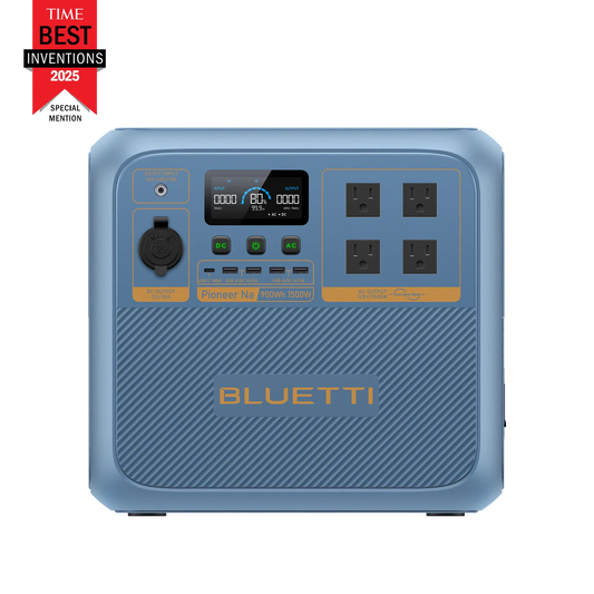 Blue BLUETTI power station with digital display and multiple outlets on a white background, featuring TIME Best Inventions 2025 Special Mention badge.