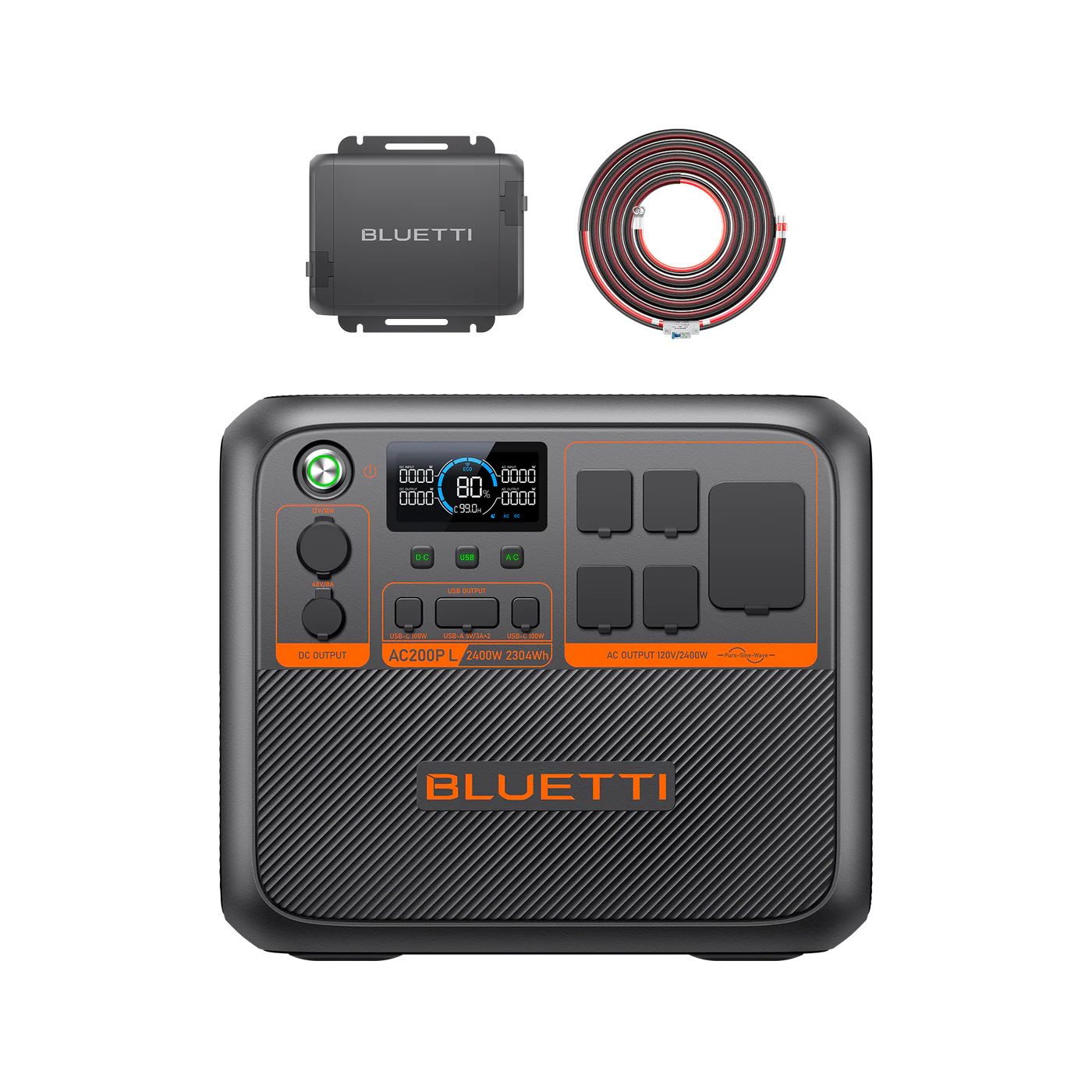 Bluetti power station with accessories on a white background