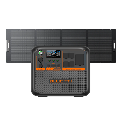 Bluetti power station with solar panel on a white background