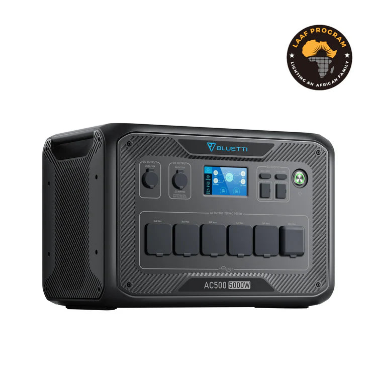 Black portable power station with digital display on a white background, featuring the Blutti brand.