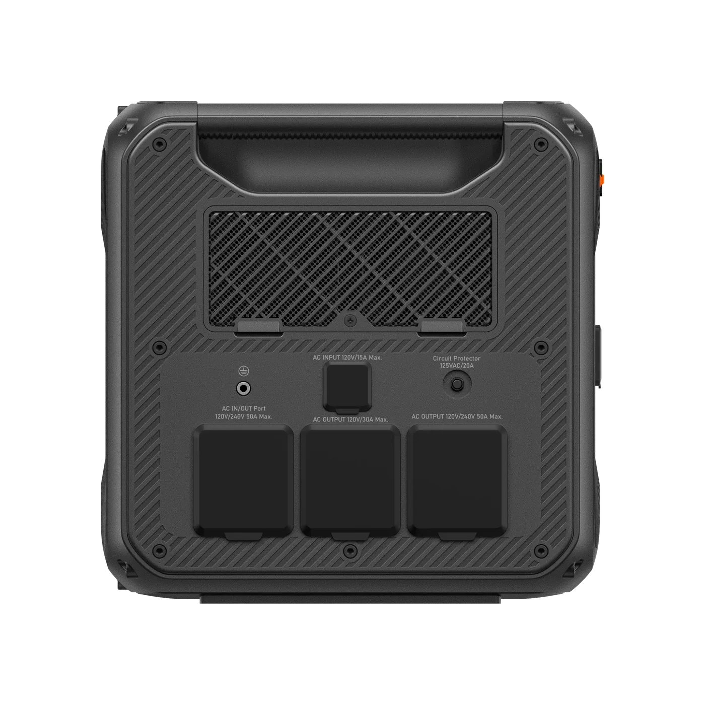 Back view of a black portable power station with multiple outlets on a white background