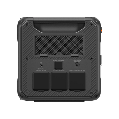 Back view of a black portable power station with multiple outlets on a white background