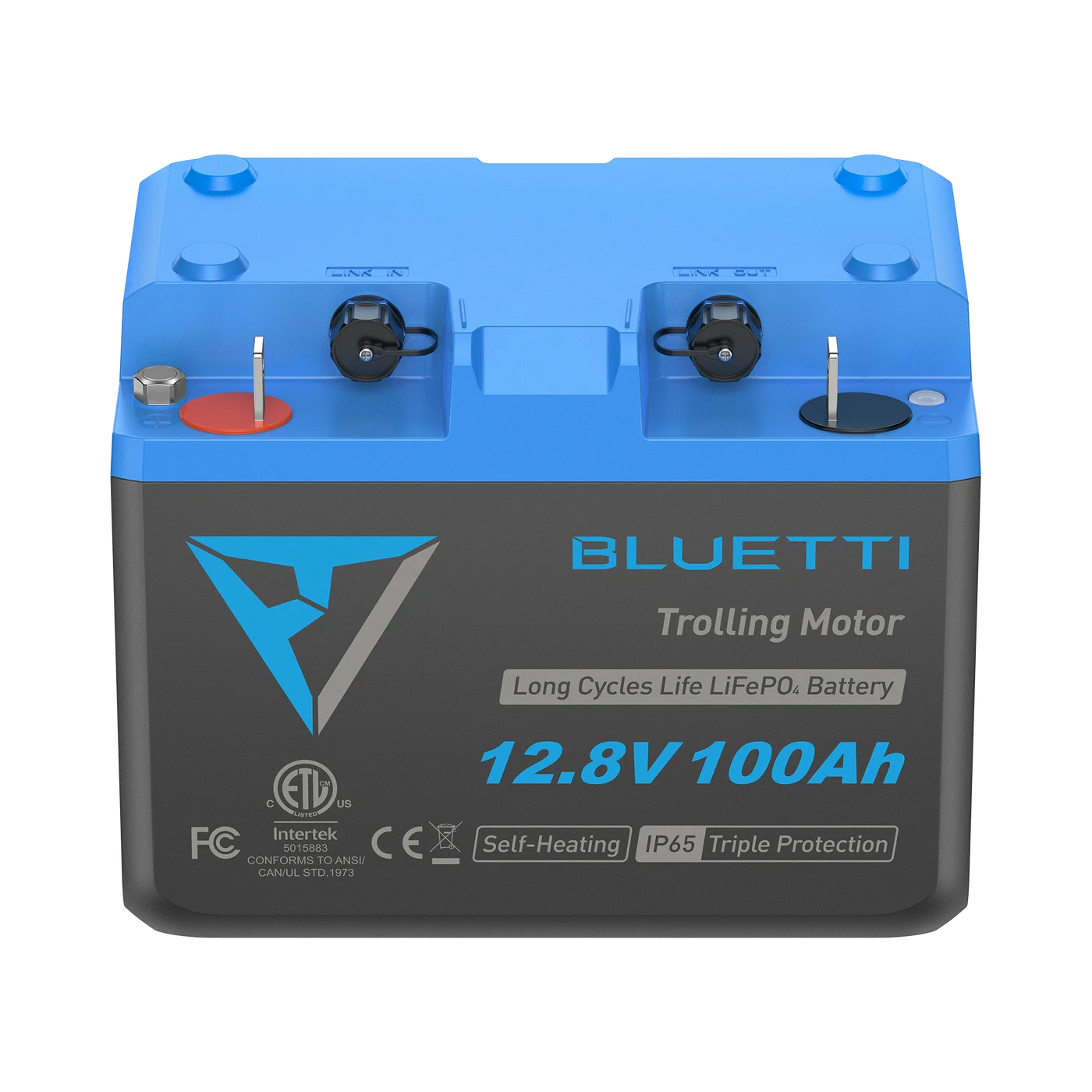 Blue and black BLUETTI trolling motor battery on a white background