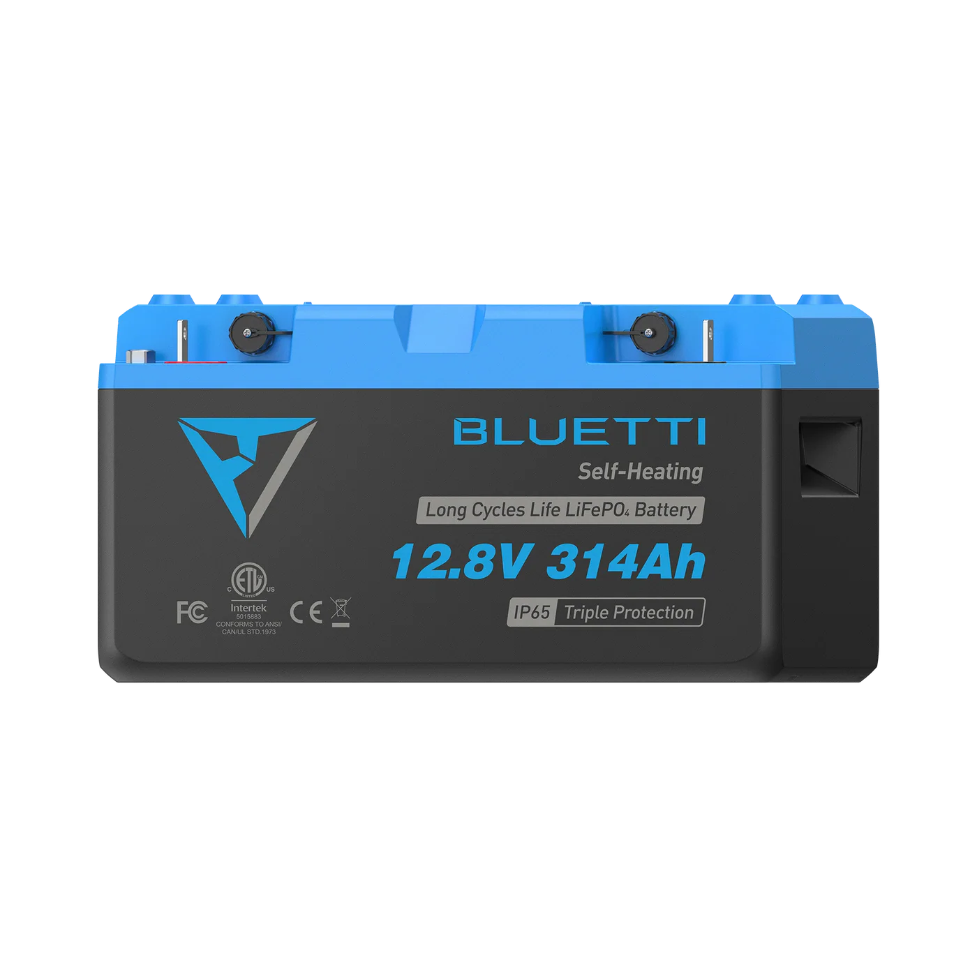 Bluetti battery pack with blue top and black body on a white background