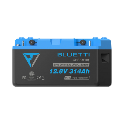 Bluetti battery pack with blue top and black body on a white background