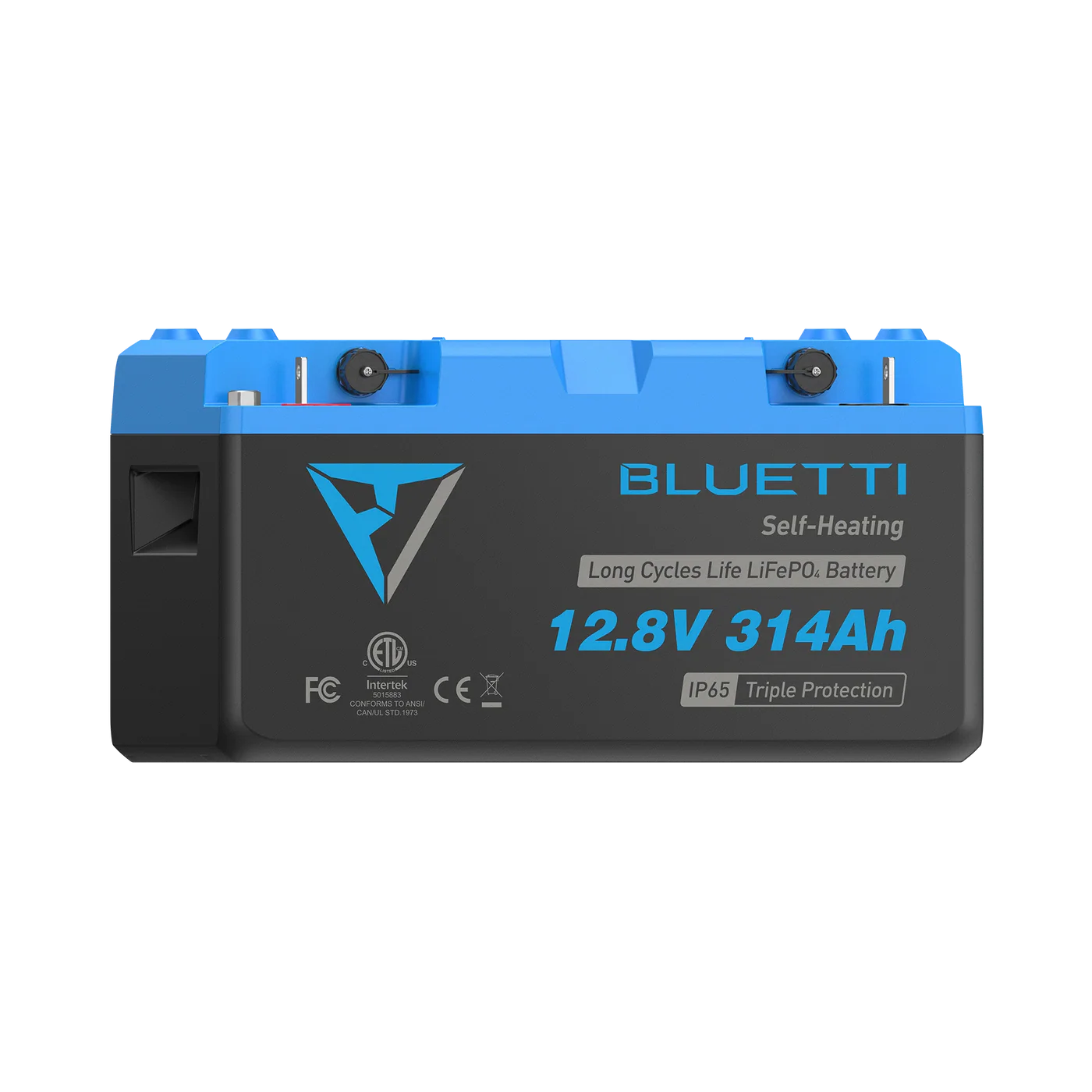 Bluetti battery pack with blue top and black body on a white background