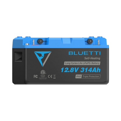 Bluetti battery pack with blue top and black body on a white background