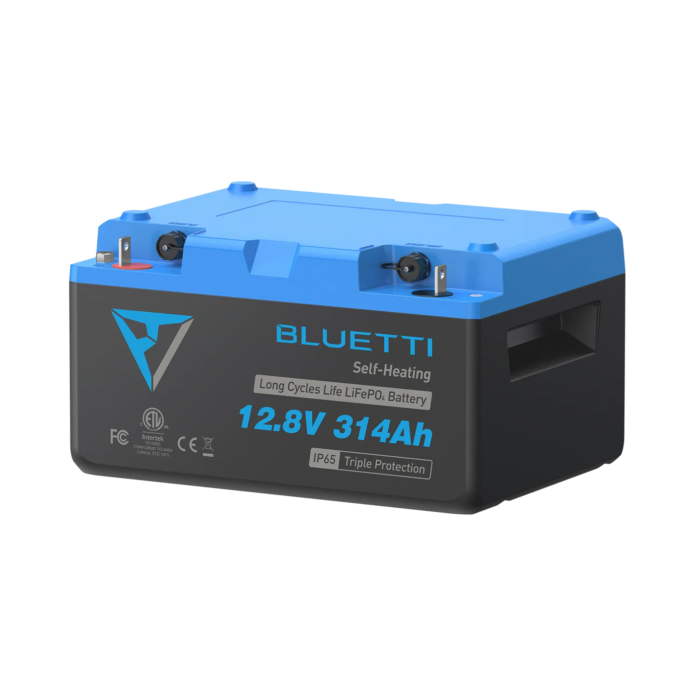 Bluetti battery pack with blue top and black body on a white background