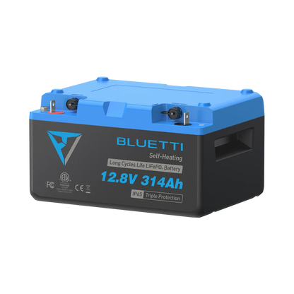 Bluetti battery pack with blue top and black body on a white background