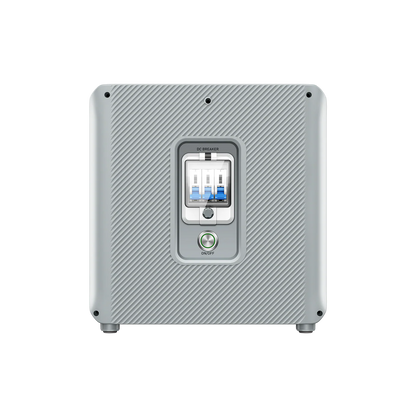 Gray electronic device with a digital display on a white background