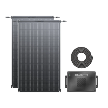 Solar panel, cable, and BLUETTI controller on a white background