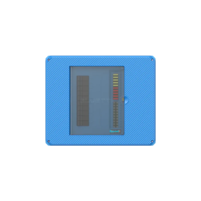 Blue electronic panel with a screen and buttons on a white background