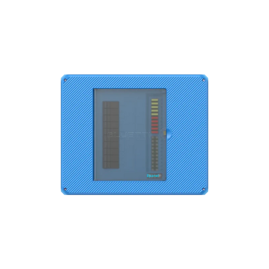 Blue electronic panel with a screen and buttons on a white background