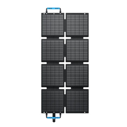 Foldable solar panel with multiple panels stacked on top of each other on a white background