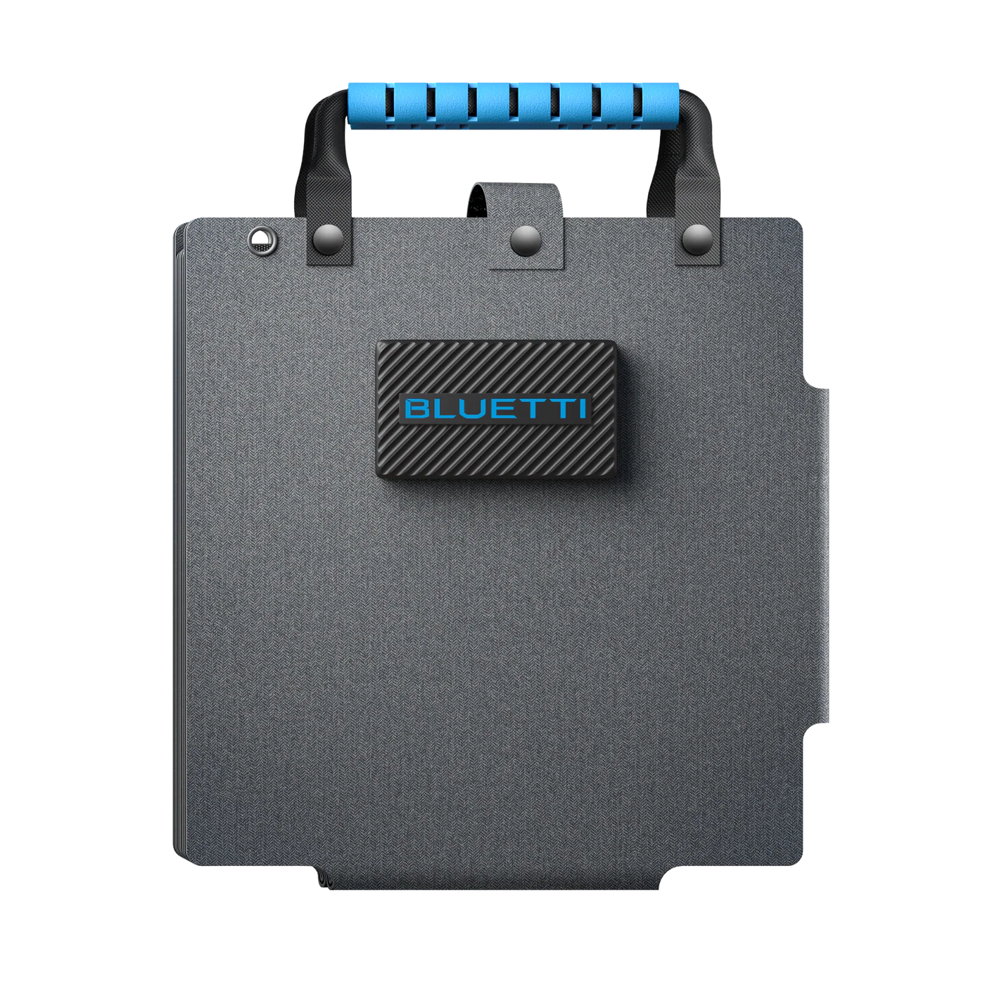 Gray battery pack with blue handle and Bluetti logo on a white background