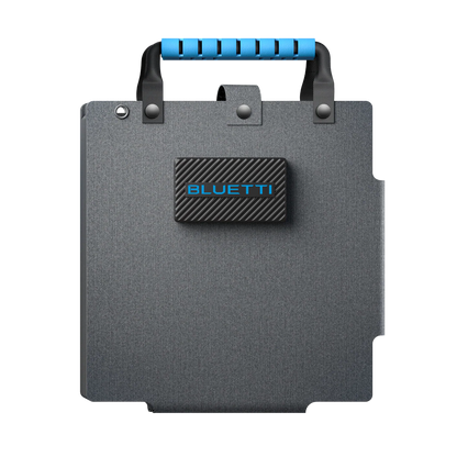 Gray battery pack with blue handle and Bluetti logo on a white background