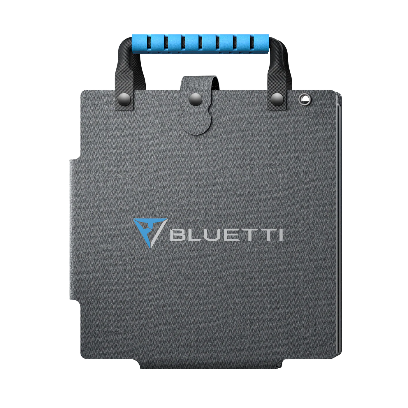 Bluetti power station battery pack with blue handle on a white background