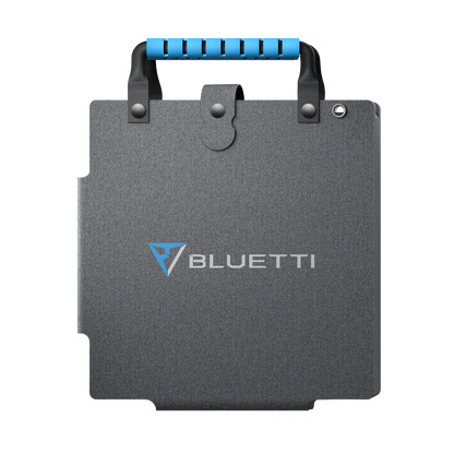 Bluetti power station battery pack with blue handle on a white background