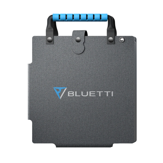 Bluetti power station battery pack with blue handle on a white background