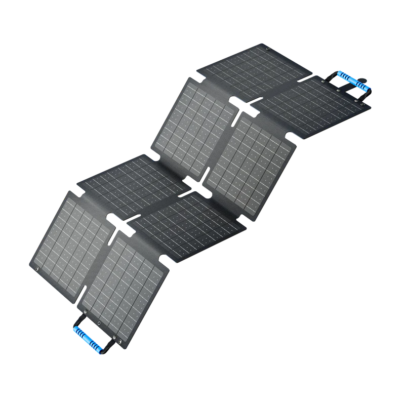 Foldable solar panel with grid pattern on a white background