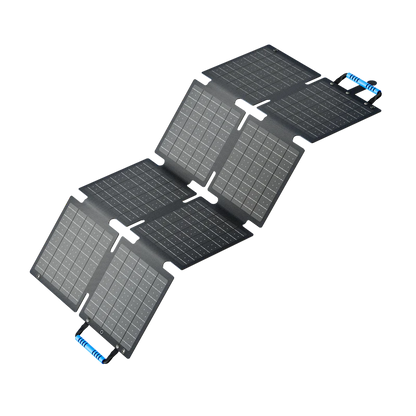 Foldable solar panel with grid pattern on a white background