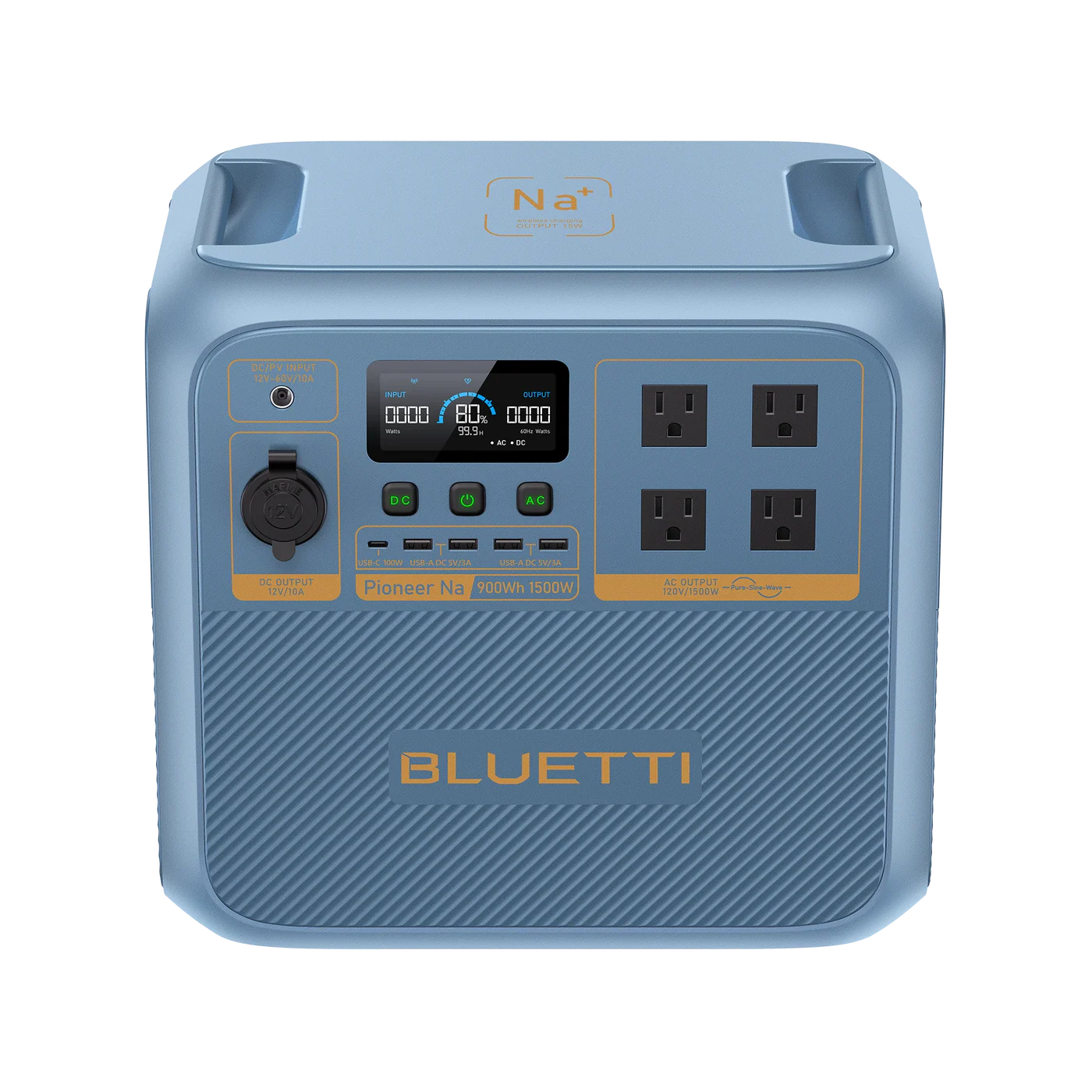 Blue power station with digital display and multiple outlets on a white background
