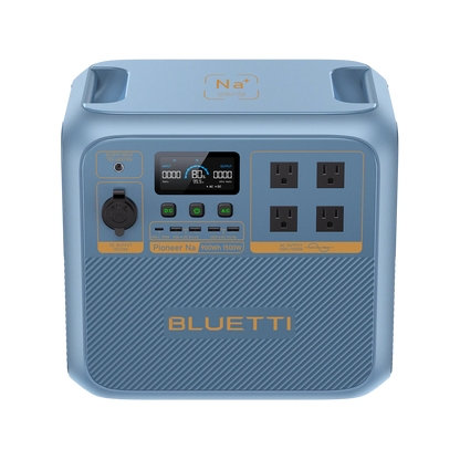 Blue power station with digital display and multiple outlets on a white background