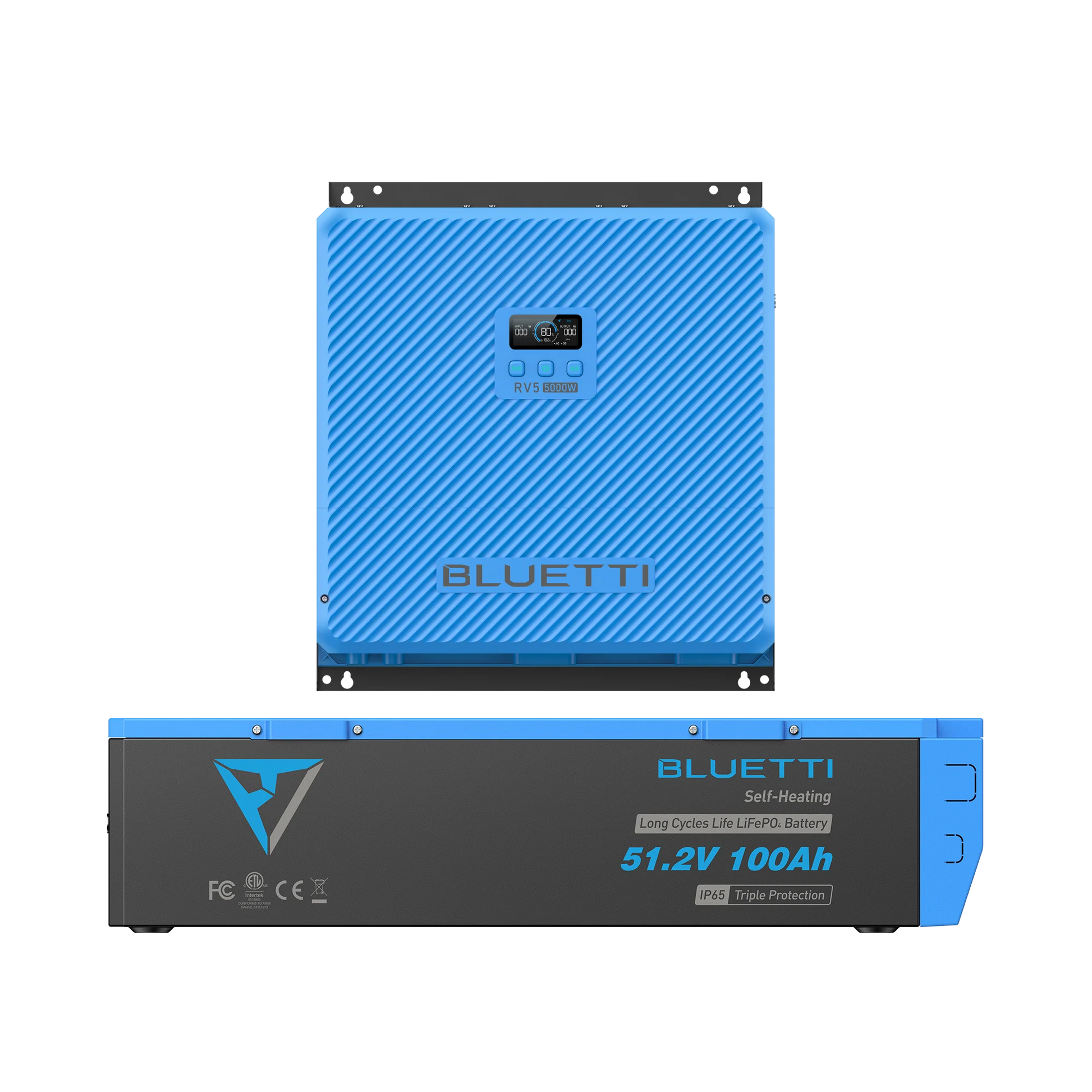 Blue and black BLUETTI battery pack on a white background