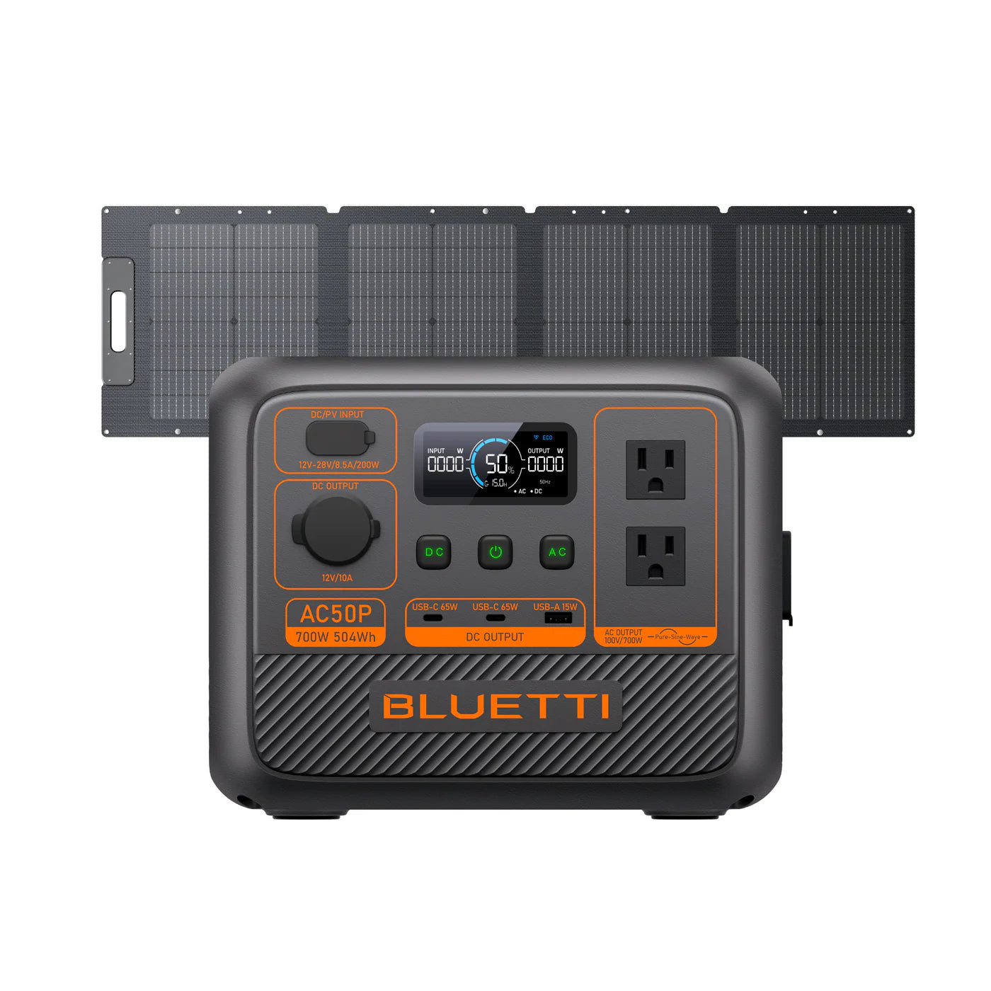 Bluetti power station with solar panel on a white background